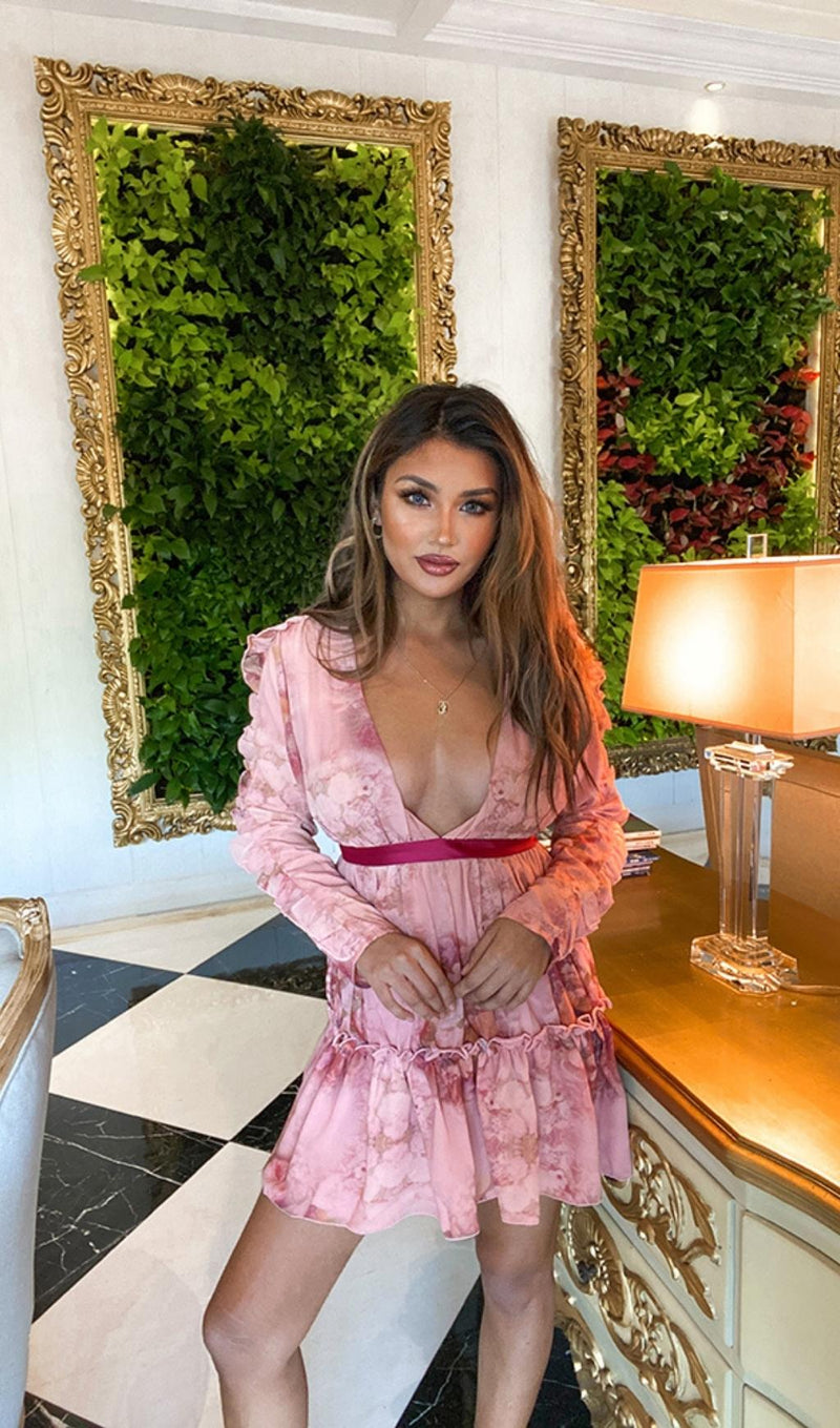 LONG SLEEVE PRINT MINI DRESS IN PINK Dresses styleofcb 