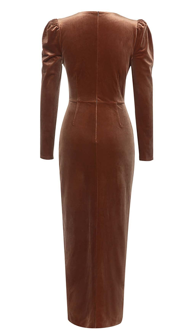 LONG SLEEVE VELVET MIDI DRESS IN BROWN DRESS STYLE OF CB 