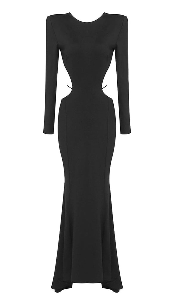 LONG SLEEVE CUT OUT BACKLESS MERMAID MAXI DRESS IN BLACK styleofcb 