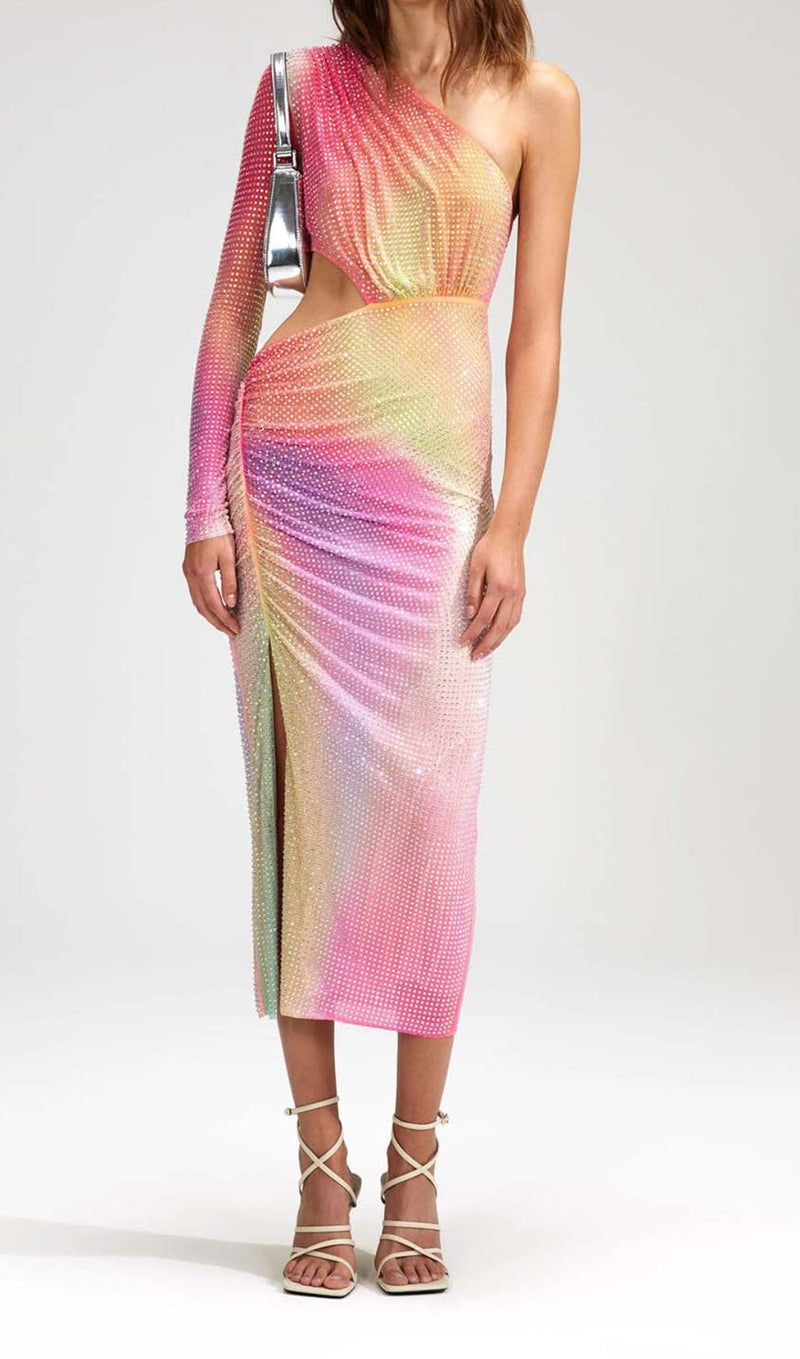 MESH RHINESTONE ONE SHOULDER MIDI DRESS IN COTTON CANDY DRESS STYLE OF CB 
