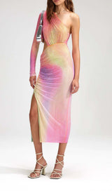 MESH RHINESTONE ONE SHOULDER MIDI DRESS IN COTTON CANDY DRESS STYLE OF CB 