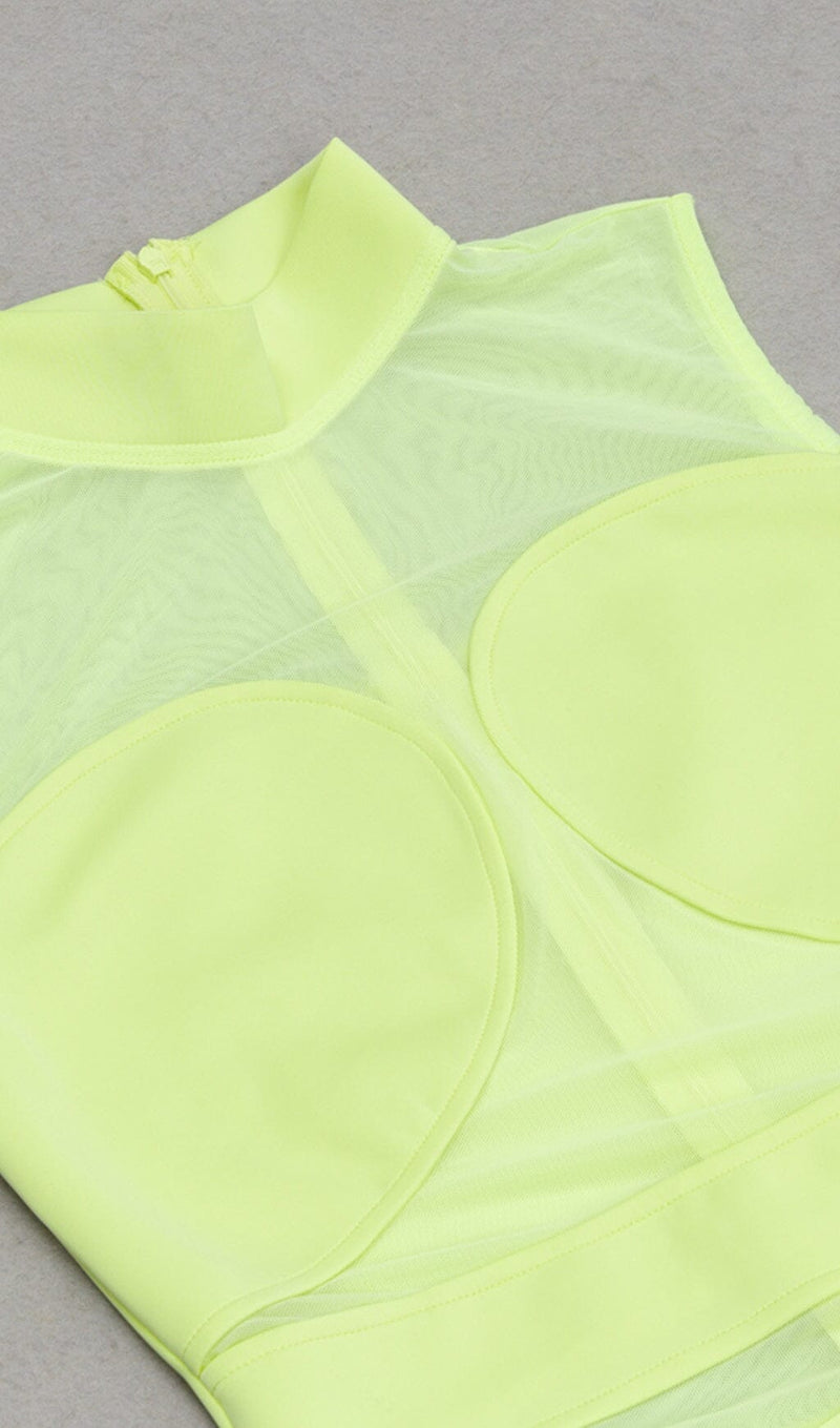 MESH RUCHED MIDI DRESS IN CHARTREUSE DRESS STYLE OF CB 