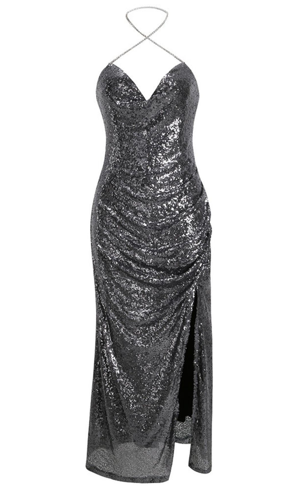 MIDI DRESS WITH SEQUINS SLITS IN SLIVER Dresses styleofcb 