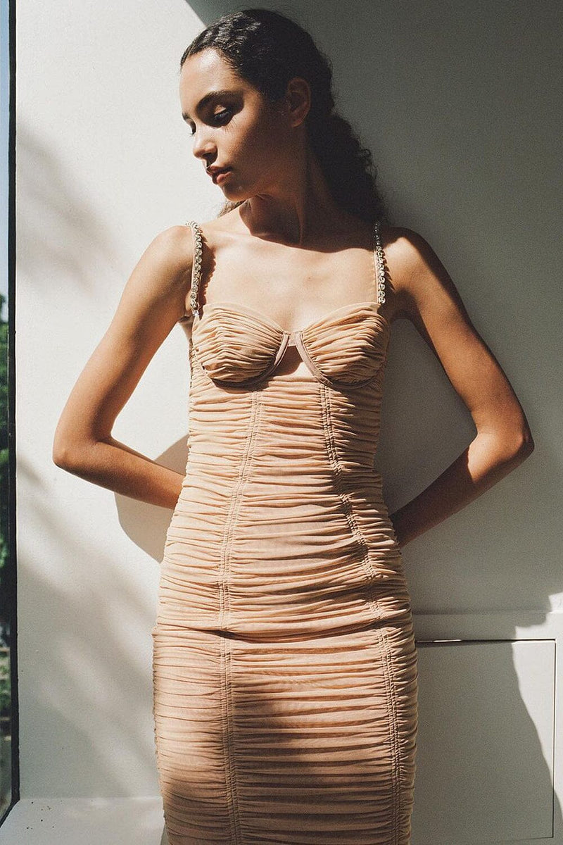NUDE STRAPPY SEQUINS EMBELLISHED MESH MIDI DRESS Dresses Oh CICI 