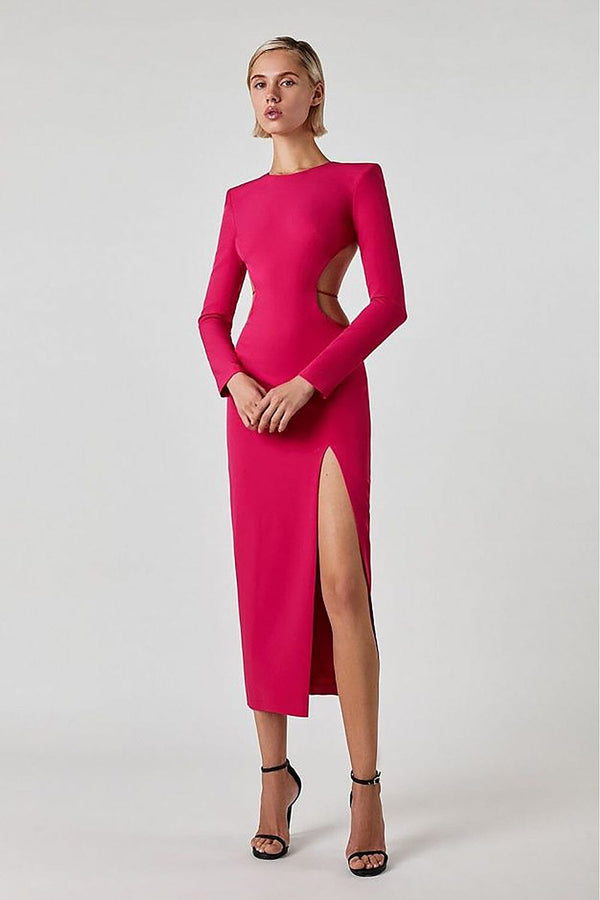 LONG SLEEVE OPEN BACK SLIT DRESS IN ROSE RED Bandage Dresses styleofcb 
