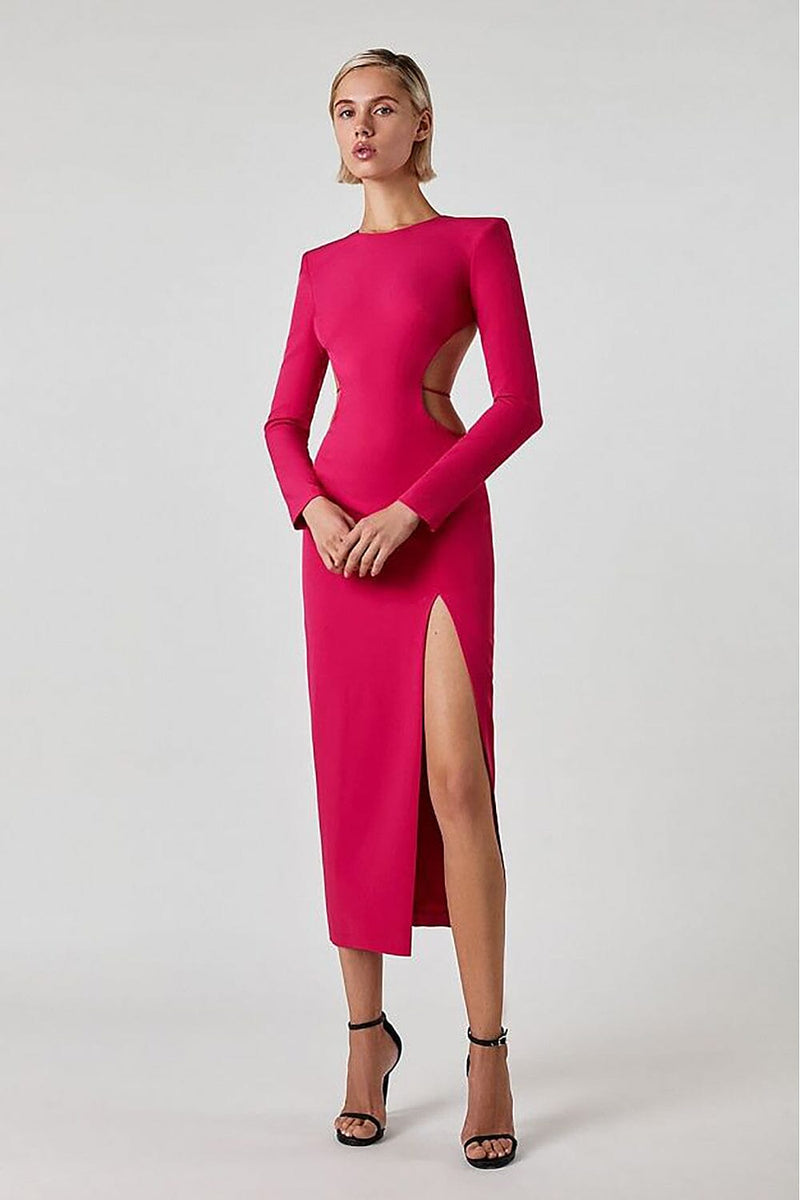 LONG SLEEVE OPEN BACK SLIT DRESS IN ROSE RED Bandage Dresses styleofcb 