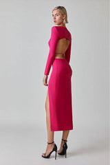 LONG SLEEVE OPEN BACK SLIT DRESS IN ROSE RED Bandage Dresses styleofcb 