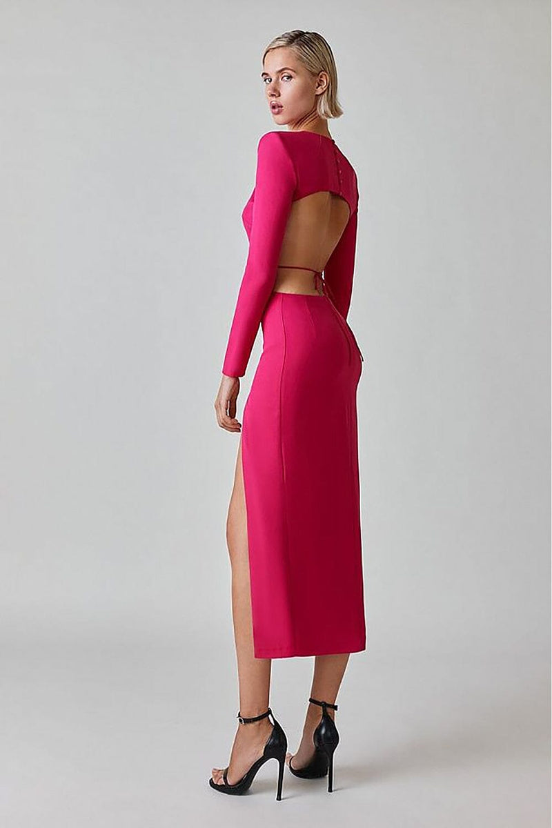 LONG SLEEVE OPEN BACK SLIT DRESS IN ROSE RED Bandage Dresses styleofcb 