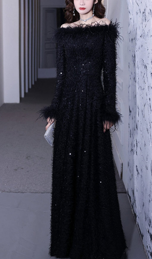 SEQUIN SEXY OFF SHOULDER FEATHER LONG SLEECES GOWN IN BLACK styleofcb 