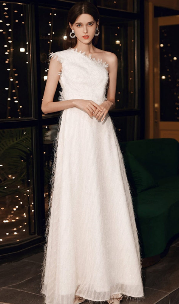 PLAIN CLOTH FEATHER ONE SHOULDER MAXI DRESS IN WHITE styleofcb 