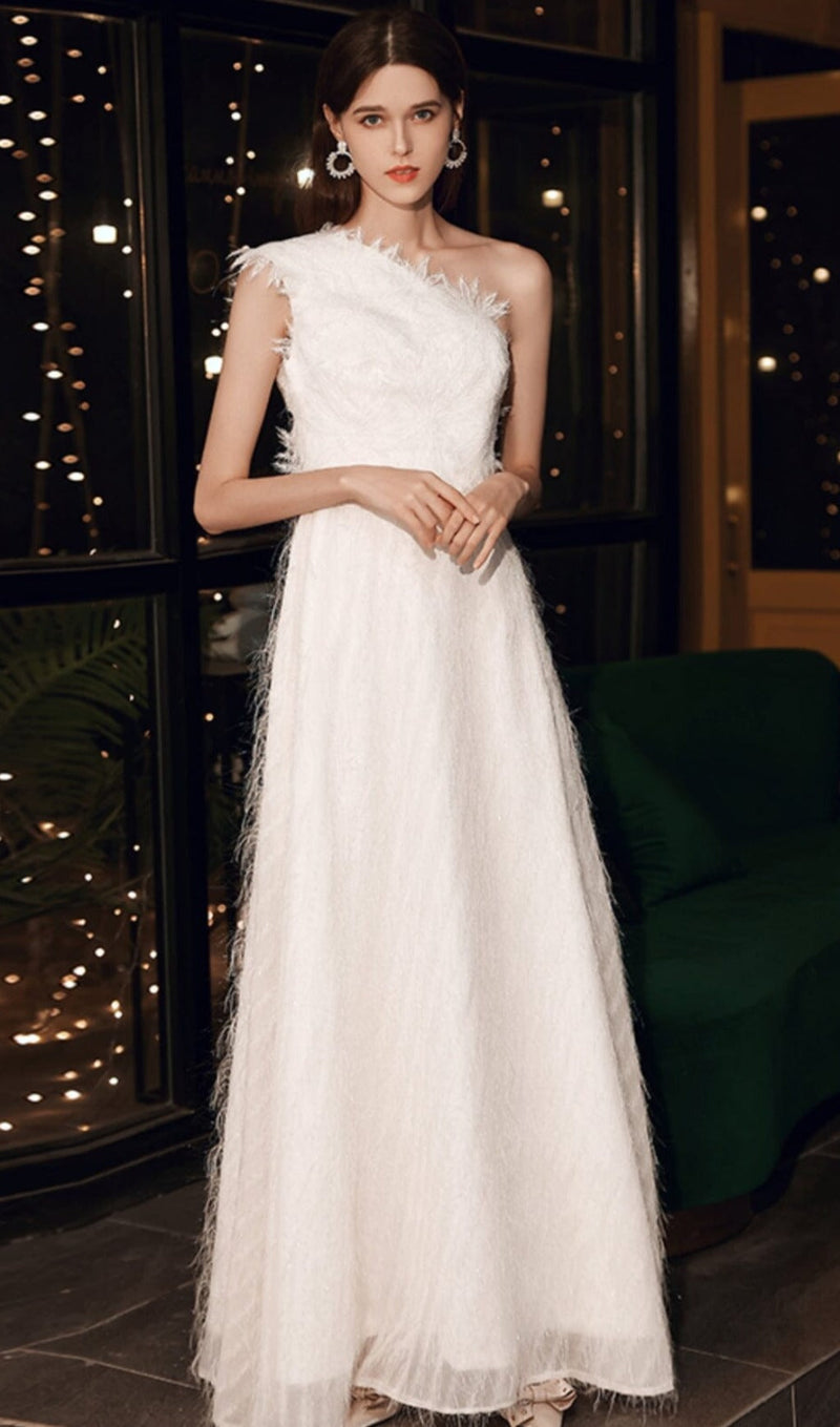 PLAIN CLOTH FEATHER ONE SHOULDER MAXI DRESS IN WHITE styleofcb 