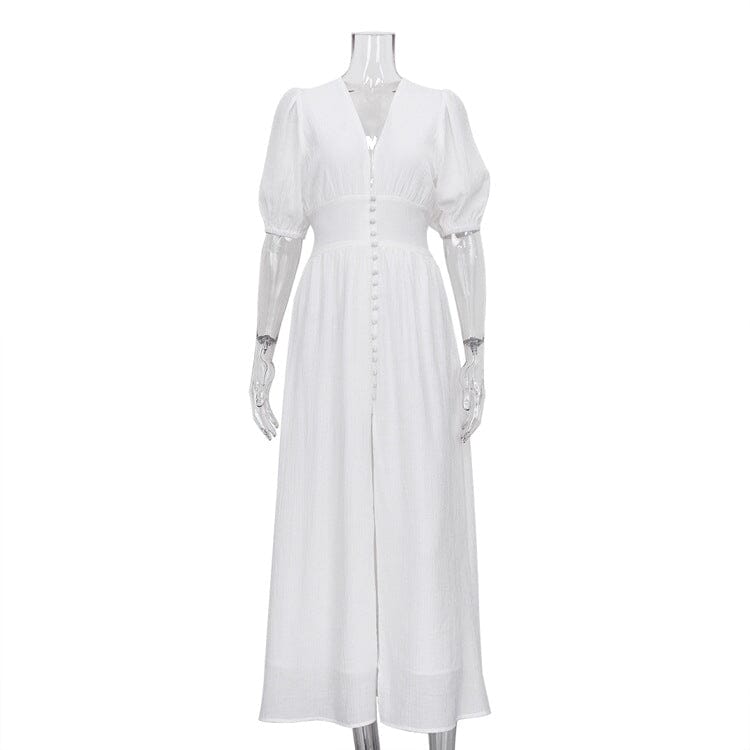 BUTTON-FRONT PUFFED SLEEVES MAXI DRESS IN WHITE DRESS STYLE OF CB 