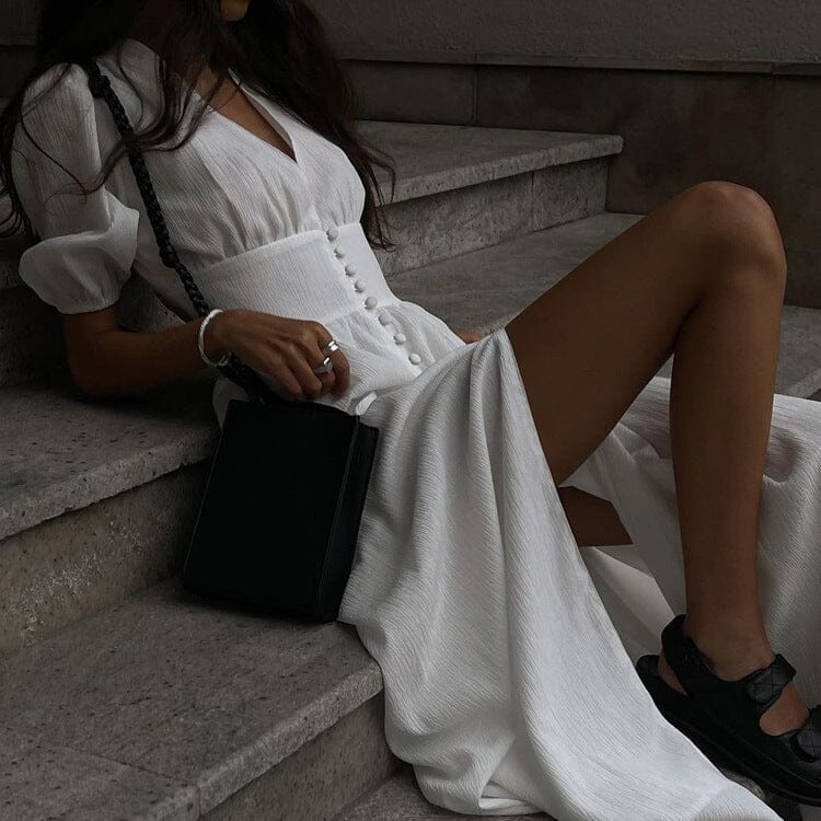 BUTTON-FRONT PUFFED SLEEVES MAXI DRESS IN WHITE DRESS STYLE OF CB 
