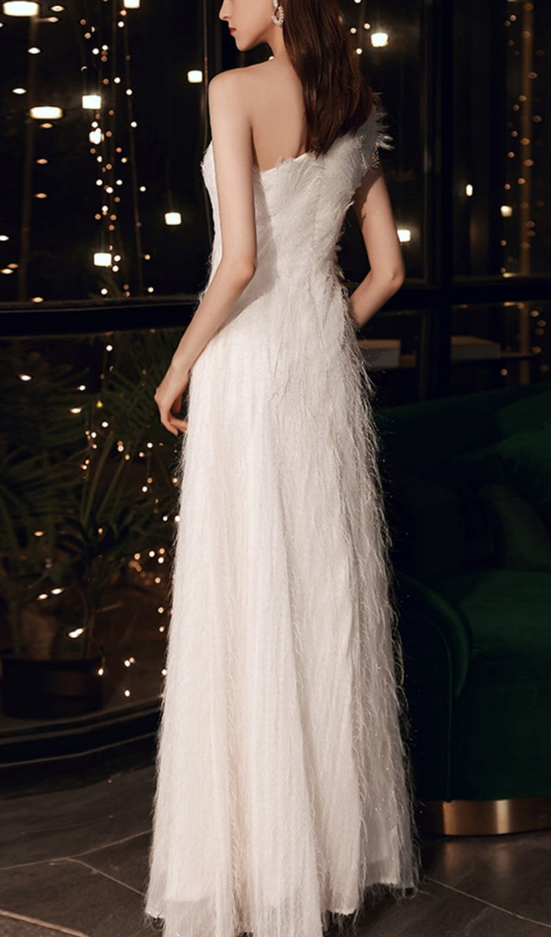 PLAIN CLOTH FEATHER ONE SHOULDER MAXI DRESS IN WHITE styleofcb 