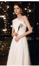 PLAIN CLOTH FEATHER ONE SHOULDER MAXI DRESS IN WHITE styleofcb 