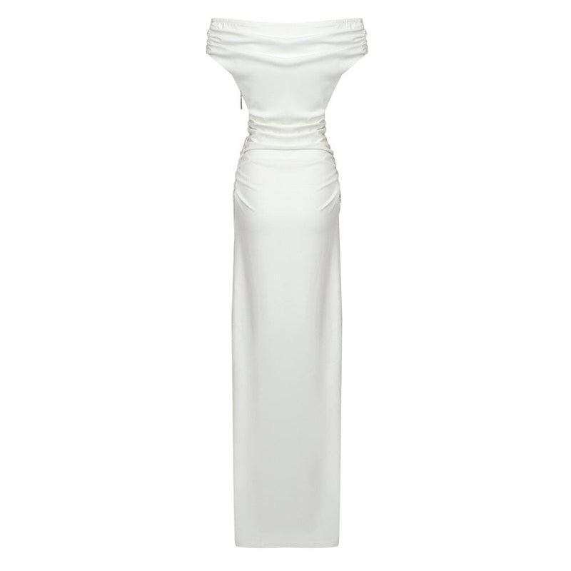 SLASH NECK PLEATED MAXI DRESS IN WHITE styleofcb 