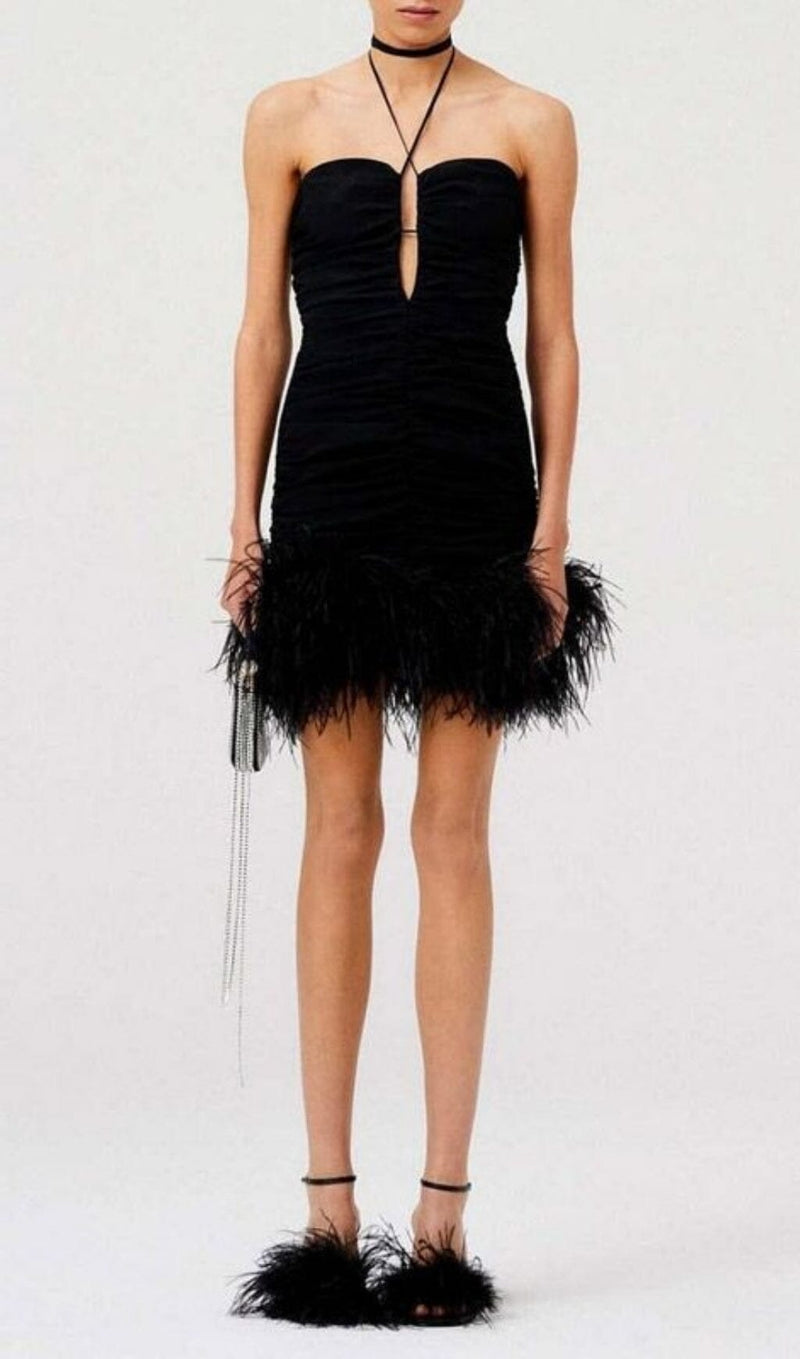 SEXY STRETCH OFF-SHOULDER FEATHER MINI DRESS IN BLACK styleofcb 