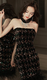 SEQUIN STRAPLESS SLEEVES MINI DRESS IN BLACK styleofcb 