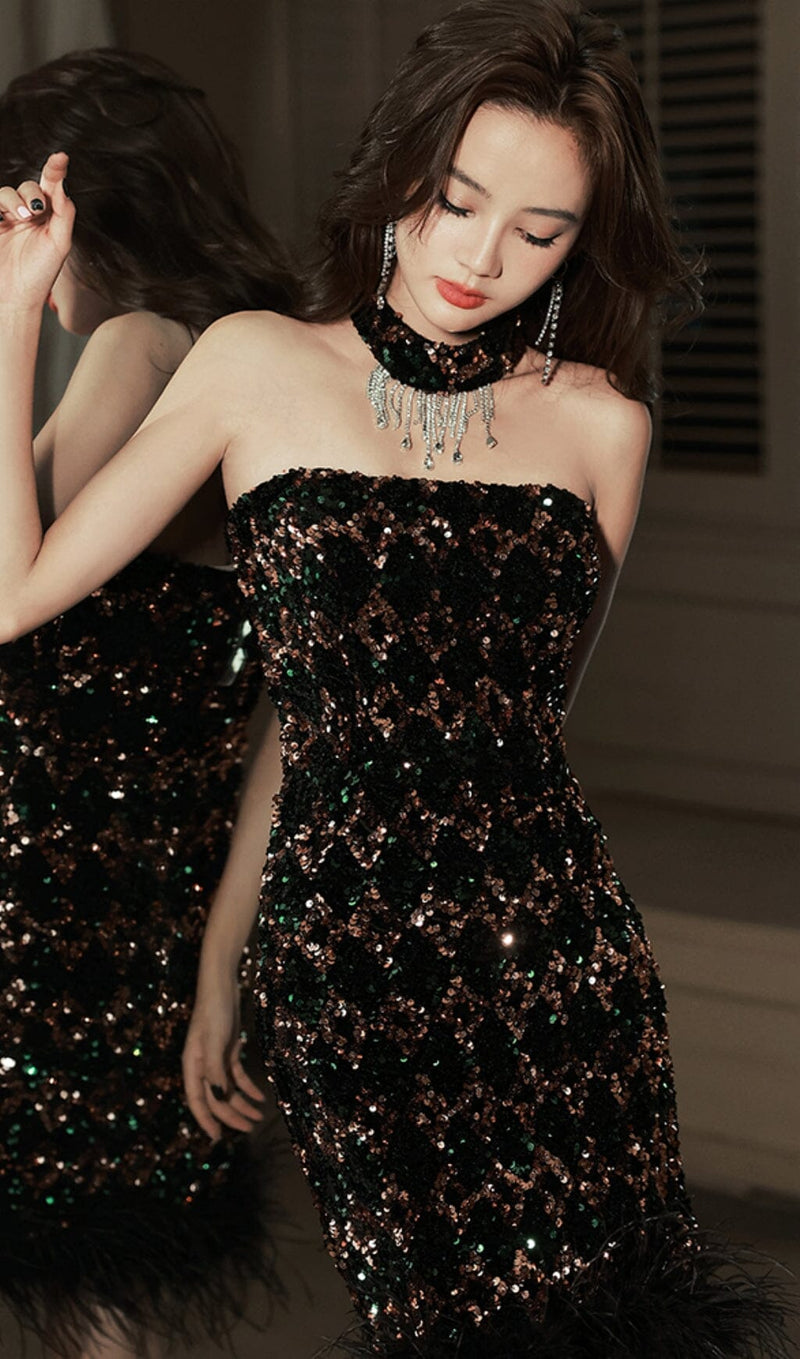 SEQUIN STRAPLESS SLEEVES MINI DRESS IN BLACK styleofcb 