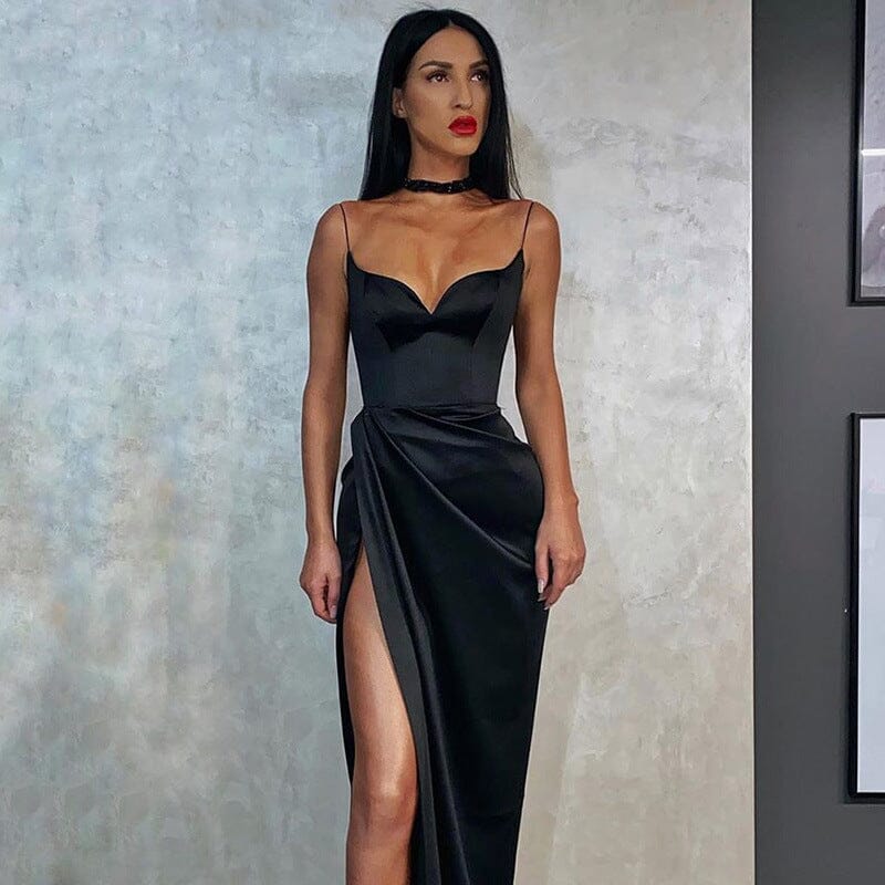HIGH SLIT SUSPENDER DRESS IN BLACK styleofcb 