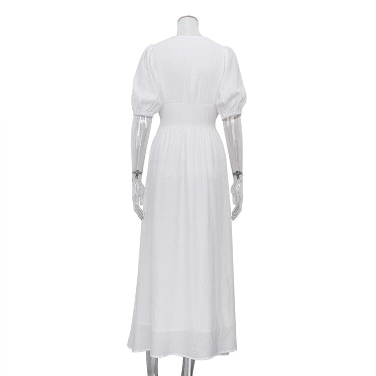 BUTTON-FRONT PUFFED SLEEVES MAXI DRESS IN WHITE DRESS STYLE OF CB 