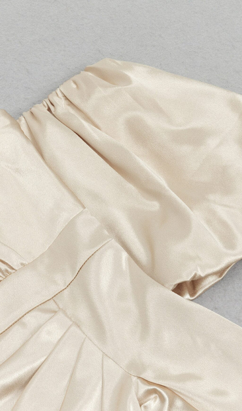 OFF SHOULDER RUCHED ASYMMETRICAL MIDI DRESS IN GRAY DRESS STYLE OF CB 