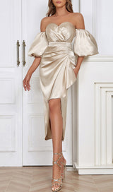 OFF SHOULDER RUCHED ASYMMETRICAL MIDI DRESS IN GRAY DRESS STYLE OF CB 