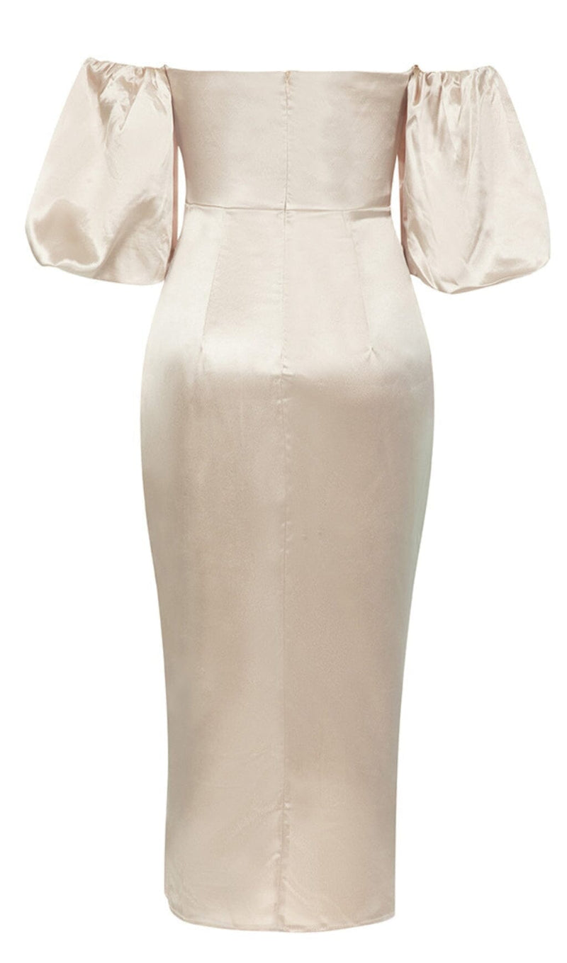 OFF SHOULDER RUCHED ASYMMETRICAL MIDI DRESS IN GRAY DRESS STYLE OF CB 