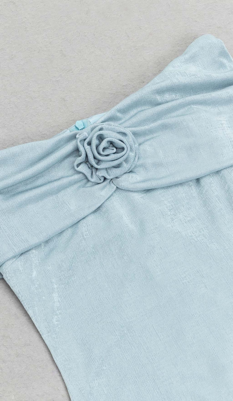 OFF SHOULDER RUFFLED MAXI DRESS IN TINGED BLUE DRESS STYLE OF CB 