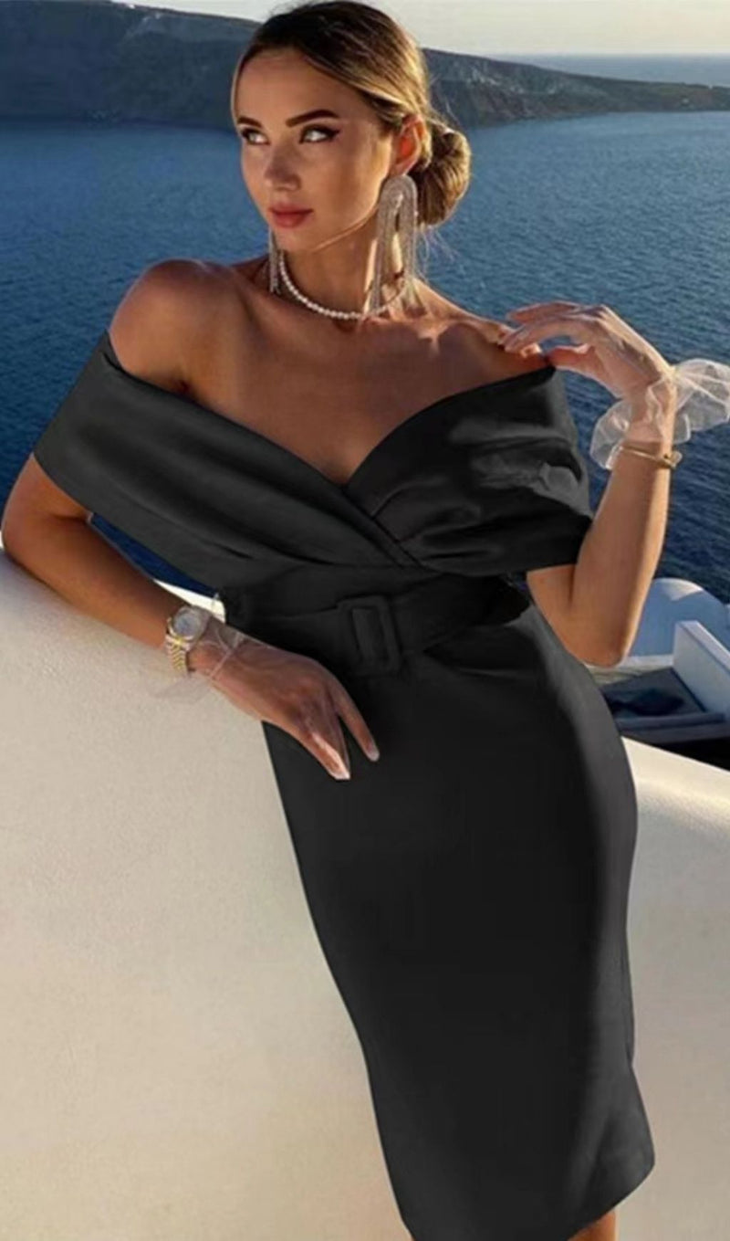 OFF SHOULDER V NECK BODYCON MIDI DRESS IN BLACK Dresses styleofcb 