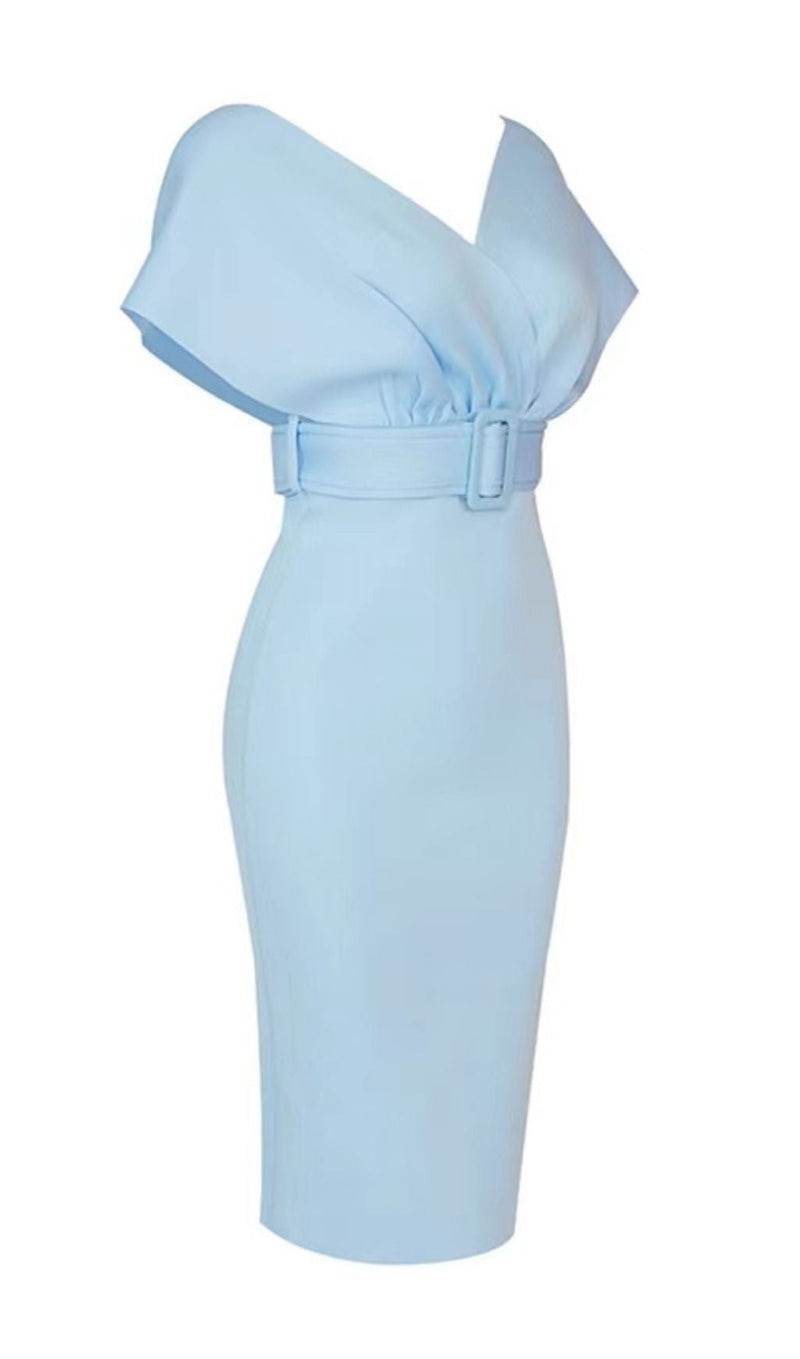 OFF SHOULDER V NECK BODYCON MIDI DRESS IN BLUE Dresses styleofcb 