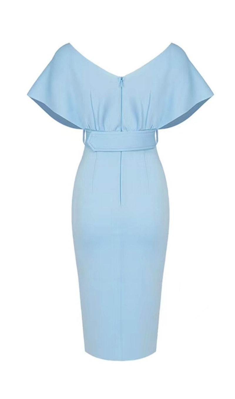 OFF SHOULDER V NECK BODYCON MIDI DRESS IN BLUE Dresses styleofcb 