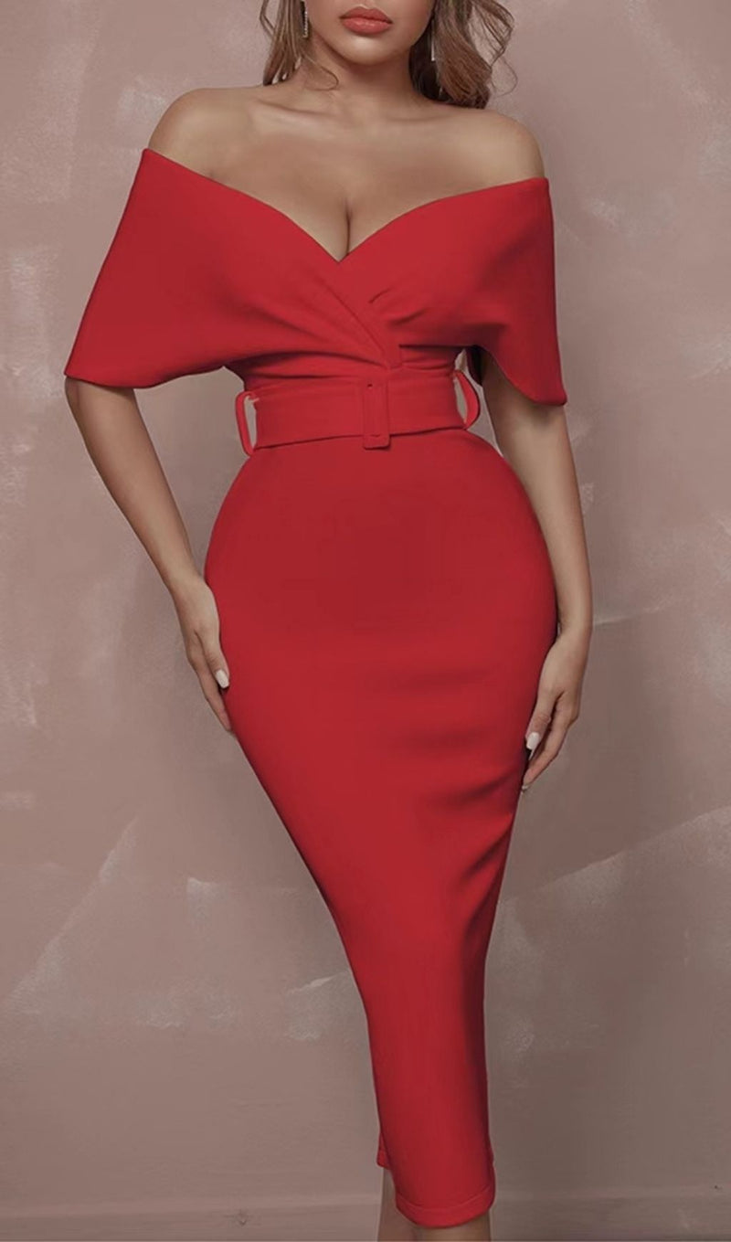 OFF SHOULDER V NECK BODYCON MIDI DRESS IN RED Dresses styleofcb 