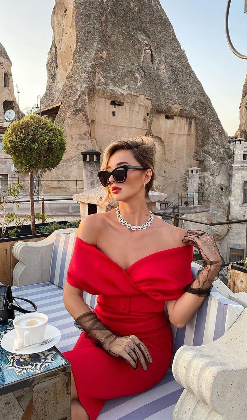 OFF SHOULDER V NECK BODYCON MIDI DRESS IN RED Dresses styleofcb 