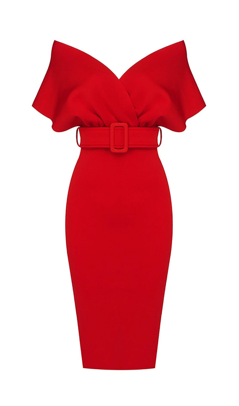 OFF SHOULDER V NECK BODYCON MIDI DRESS IN RED Dresses styleofcb XS RED 