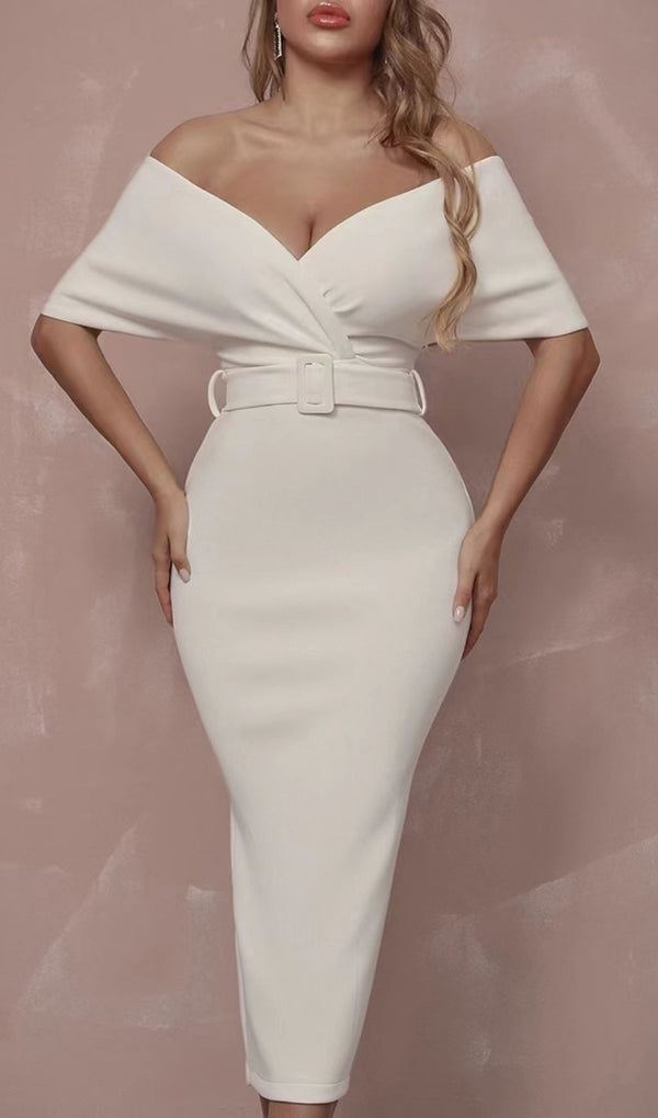 OFF SHOULDER V NECK BODYCON MIDI DRESS IN WHITE Dresses styleofcb 
