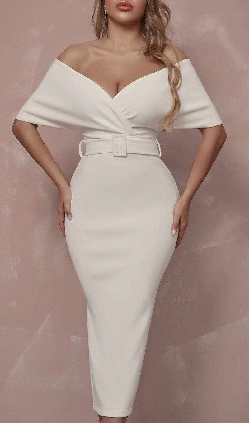OFF SHOULDER V NECK BODYCON MIDI DRESS IN WHITE Dresses styleofcb 
