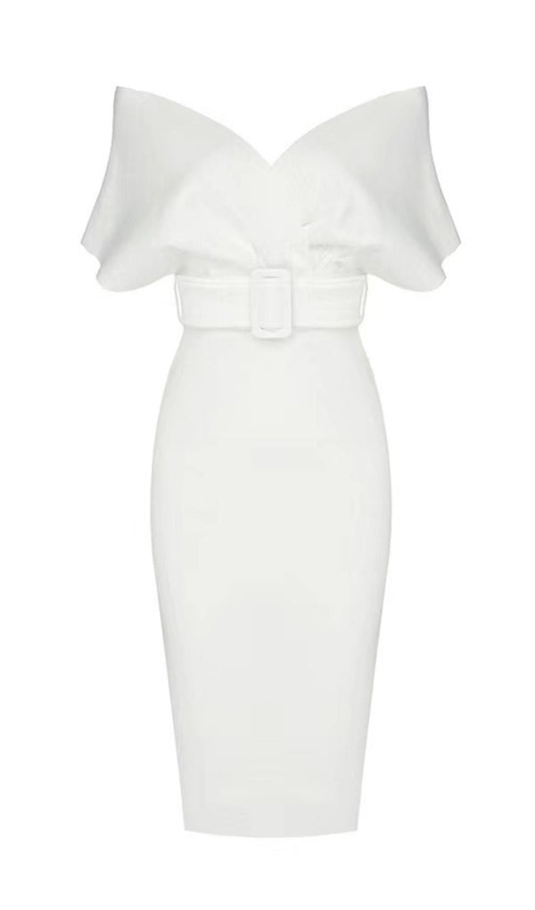OFF SHOULDER V NECK BODYCON MIDI DRESS IN WHITE Dresses styleofcb XS WHITE 