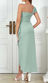 ONE SHOULDER RUCHED MIDI DRESS IN MINT DRESS sis label 
