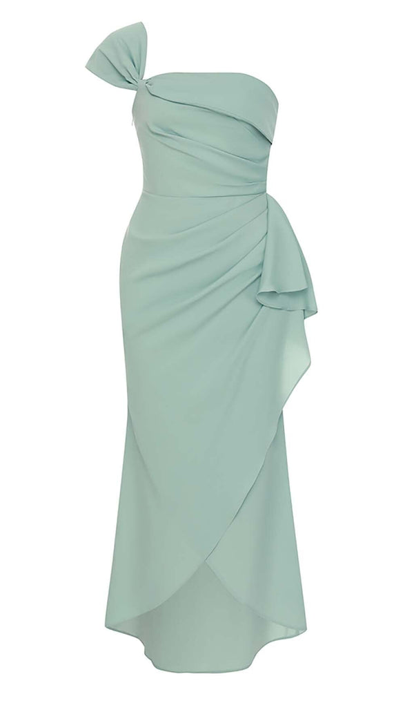 ONE SHOULDER RUCHED MIDI DRESS IN MINT DRESS sis label 