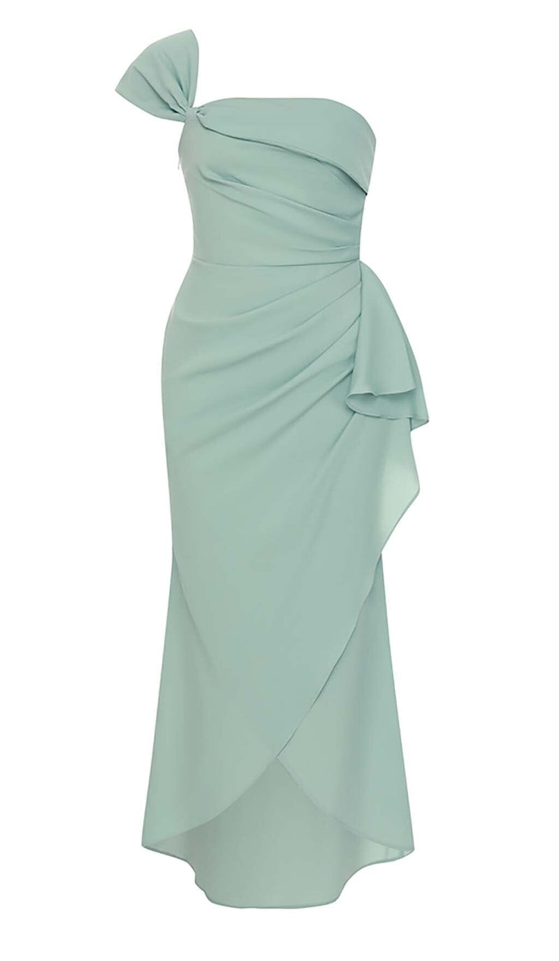 ONE SHOULDER RUCHED MIDI DRESS IN MINT DRESS sis label 