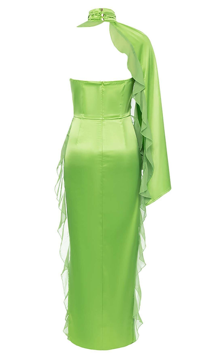 ONE-SHOULDER SATIN RUFFLE MAXI DRESS IN NEON GREEN DRESS STYLE OF CB 