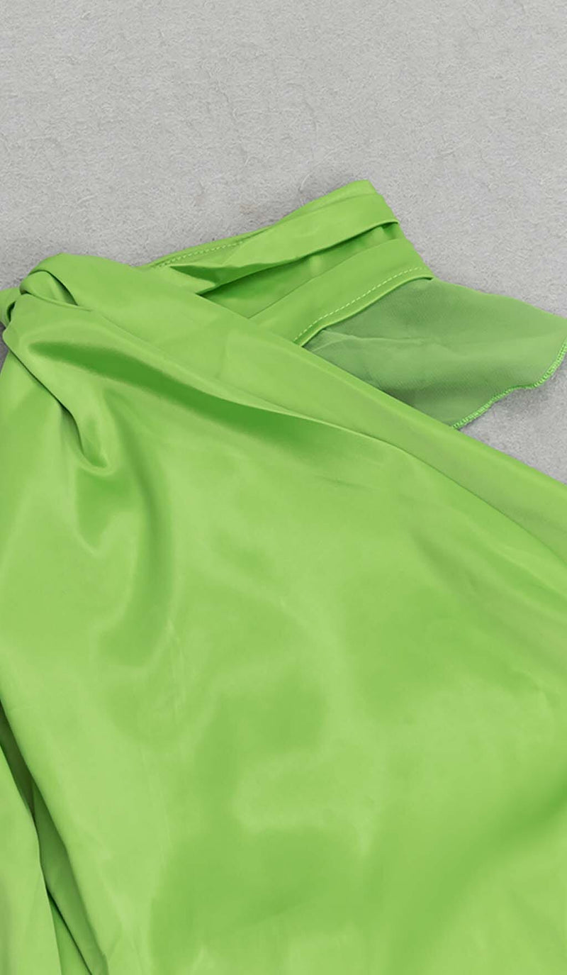 ONE-SHOULDER SATIN RUFFLE MAXI DRESS IN NEON GREEN DRESS STYLE OF CB 