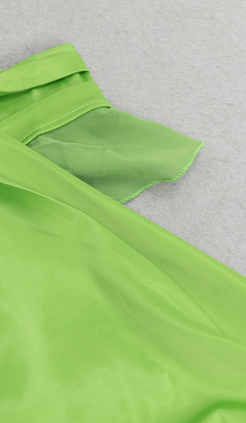 ONE-SHOULDER SATIN RUFFLE MAXI DRESS IN NEON GREEN DRESS STYLE OF CB 