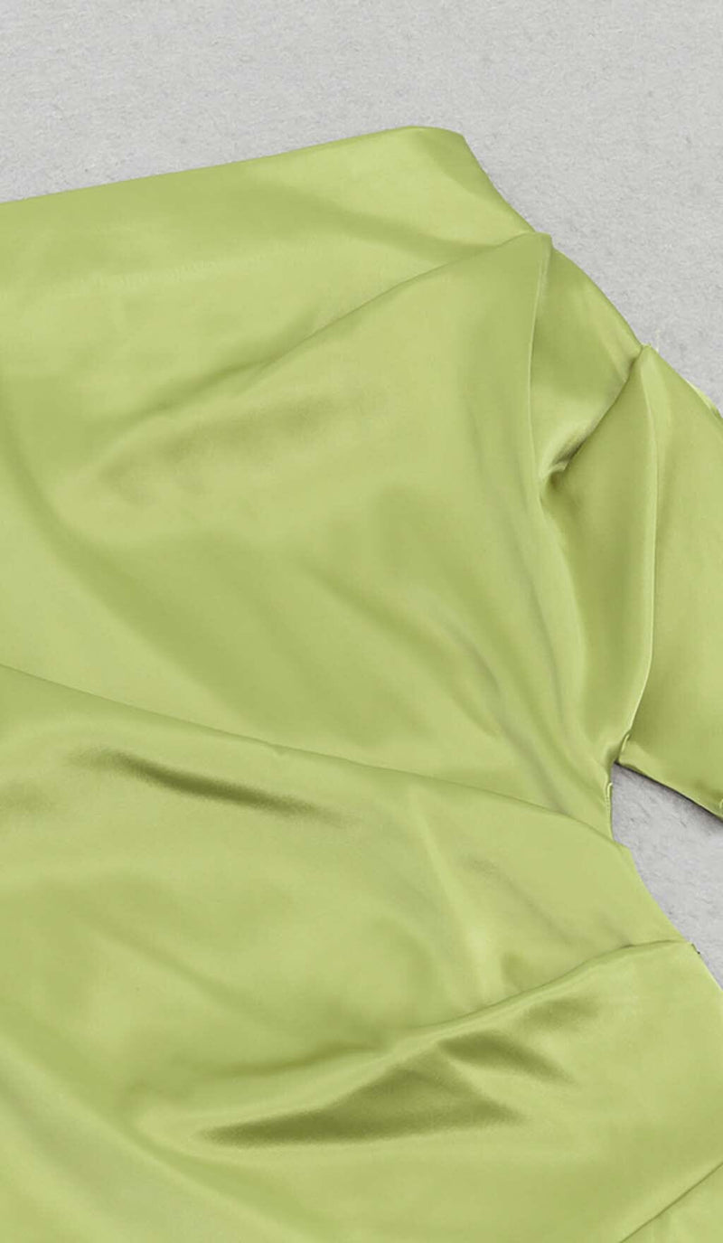 ONE SHOULDER SATIN SLIT MAXI DRESS IN GREEN DRESS STYLE OF CB 