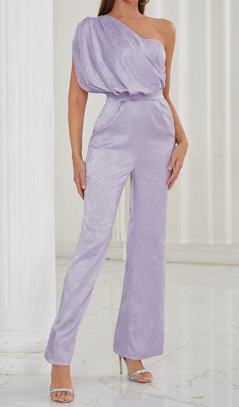 ONE SHOULDER SATIN JUMPSUIT IN LAVENDER DRESS STYLE OF CB 