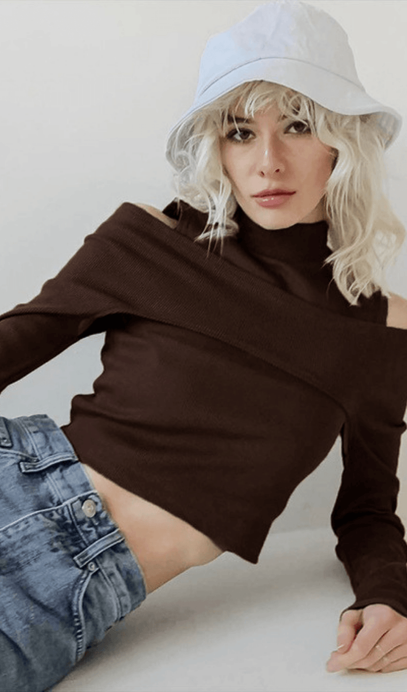 Off-the-shoulder solid color T-shirt styleofcb BROWN S 