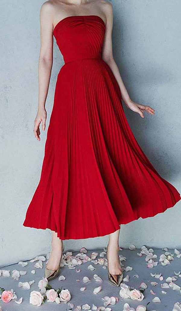 PLEATED STRAPLESS MIDI DRESS IN WINE RED DRESS styleofcb 