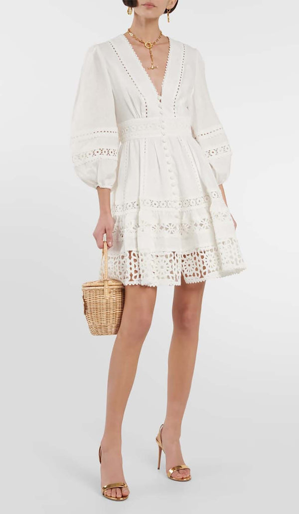 PLUNGING NECK LACE MINI DRESS IN WHITE DRESS STYLE OF CB 