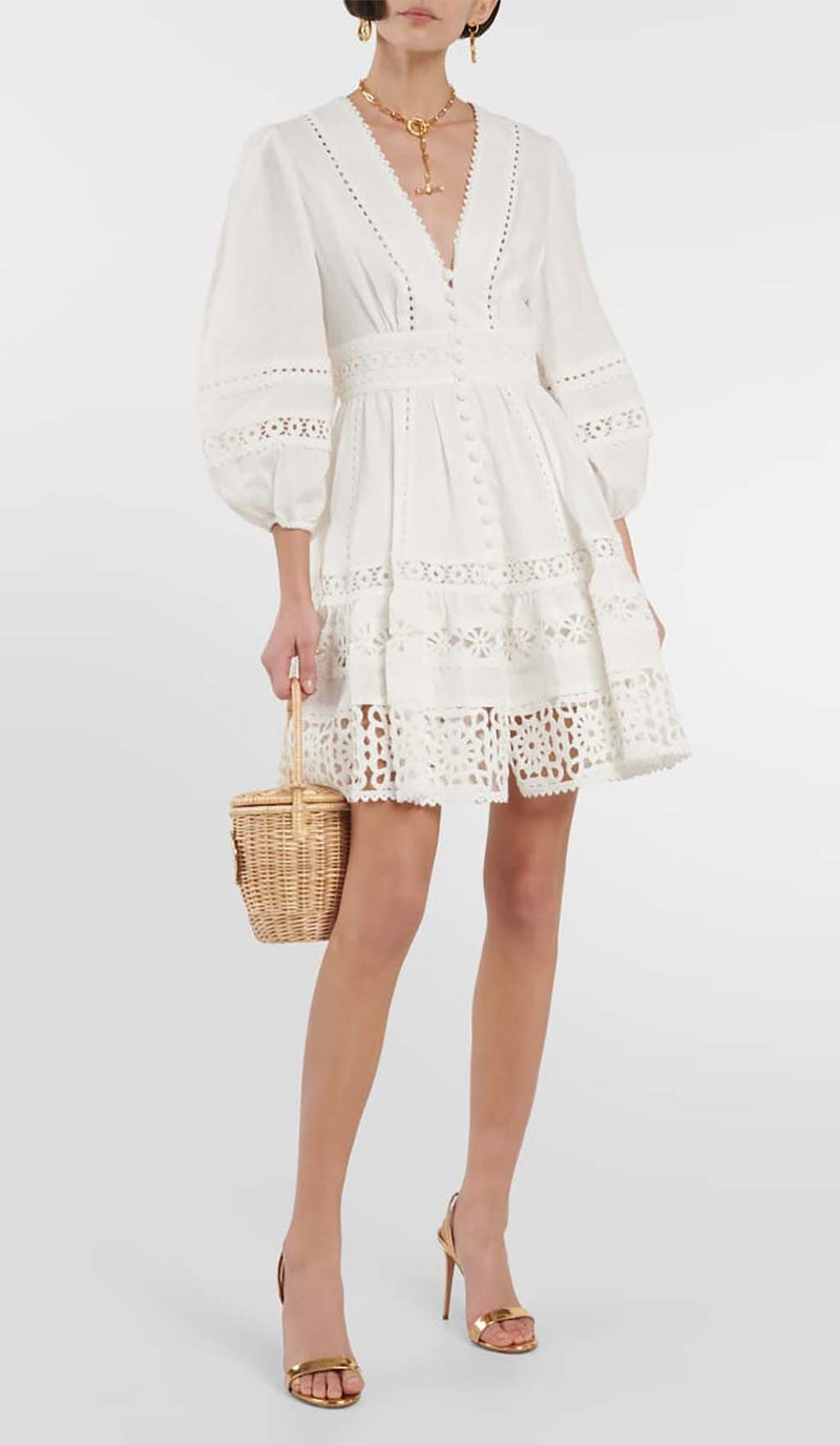 PLUNGING NECK LACE MINI DRESS IN WHITE DRESS STYLE OF CB 
